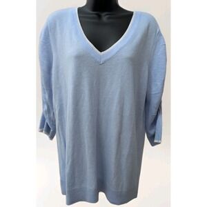 J. Jill V Neck Sweater Size Medium Gathered Sleeve Cotton Blend Soft Blue NWT